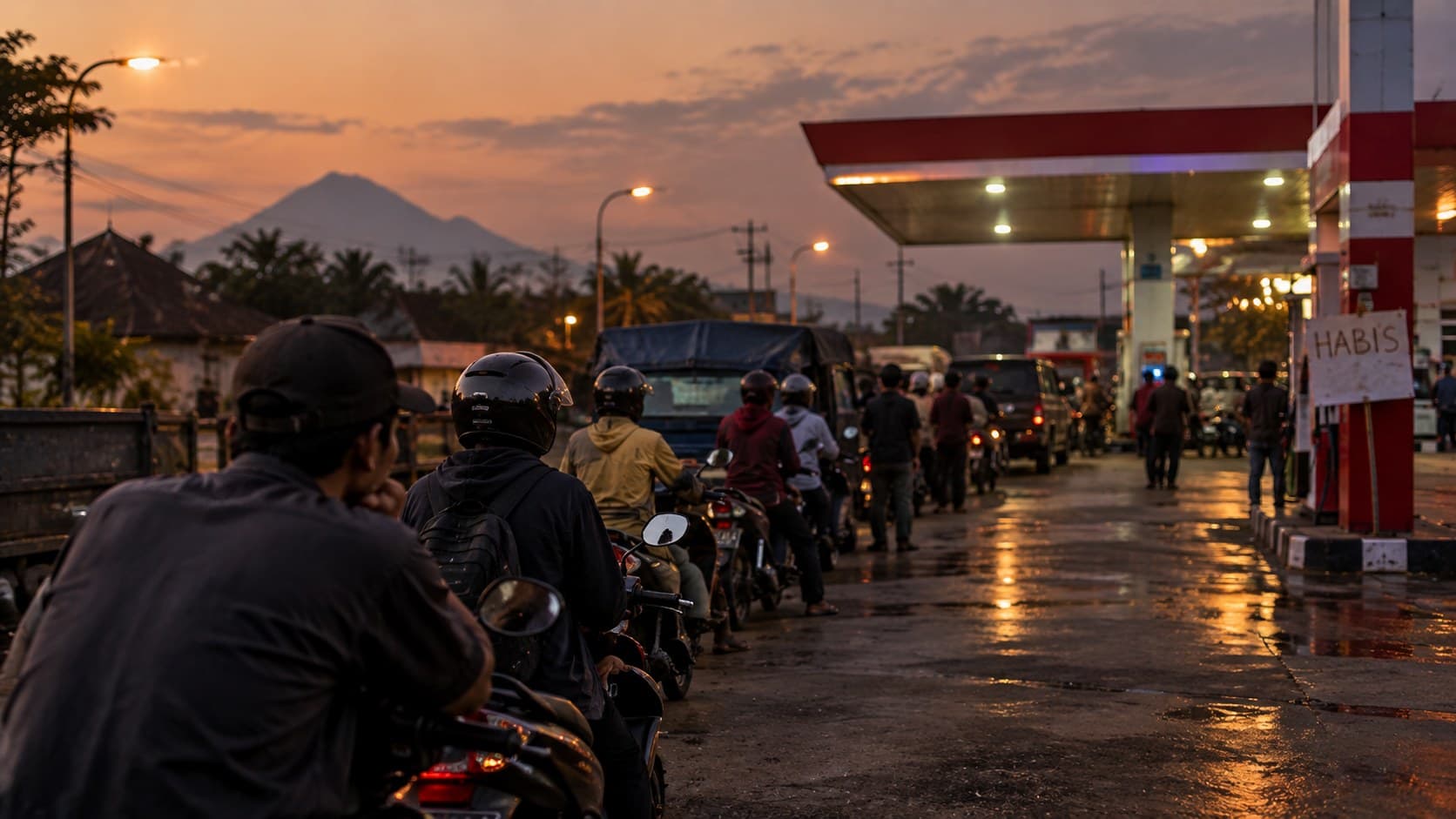 Antrean sepeda motor dan truk kecil di SPBU Jawa Timur saat senja