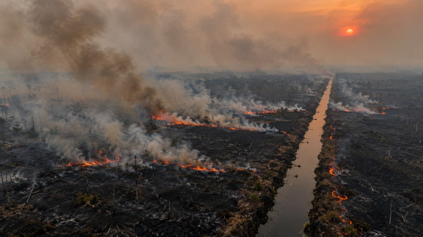 Lahan gambut terbakar di Kalimantan dengan asap pekat dan langit oranye