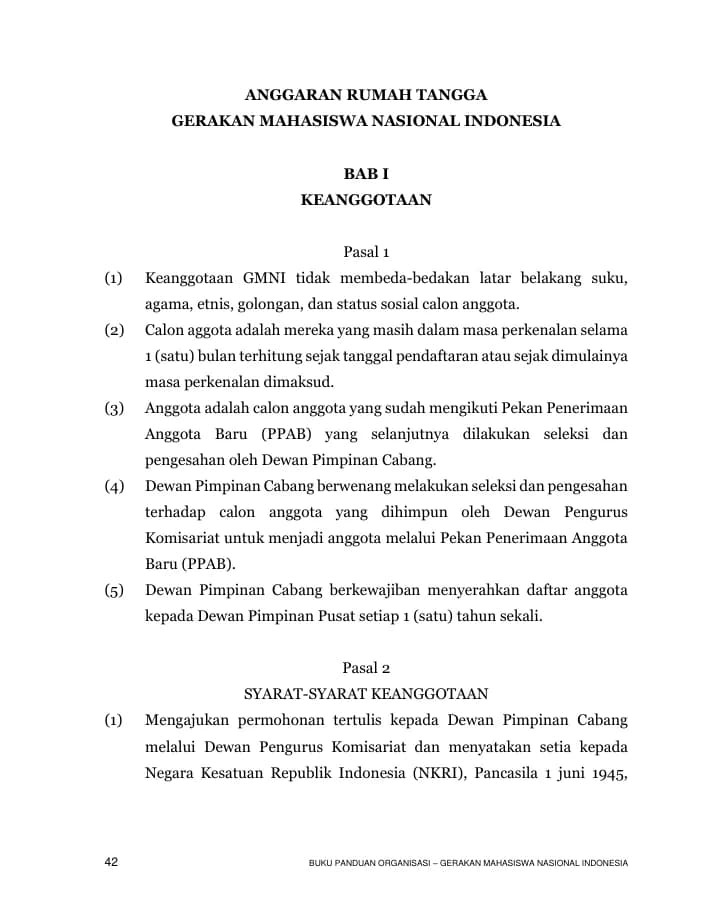 Halaman pertama Anggaran Rumah Tangga (ART) GMNI
