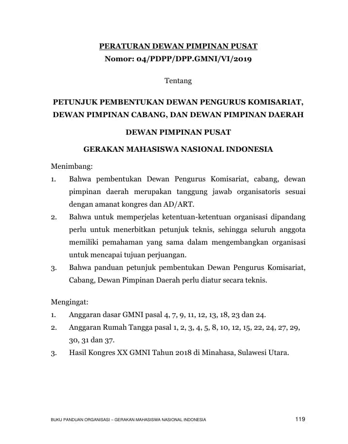 Halaman pertama PDPP Nomor 04 Tahun 2019 – Pembentukan DPK, DPC, dan DPD