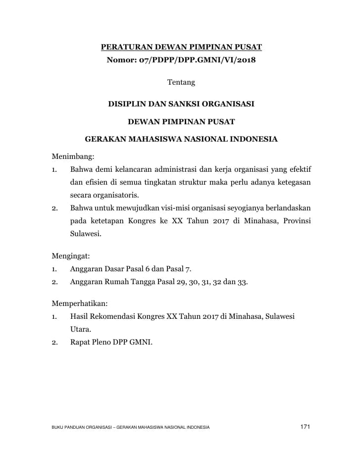 Halaman pertama PDPP Nomor 07 Tahun 2018 – Disiplin dan Sanksi Organisasi
