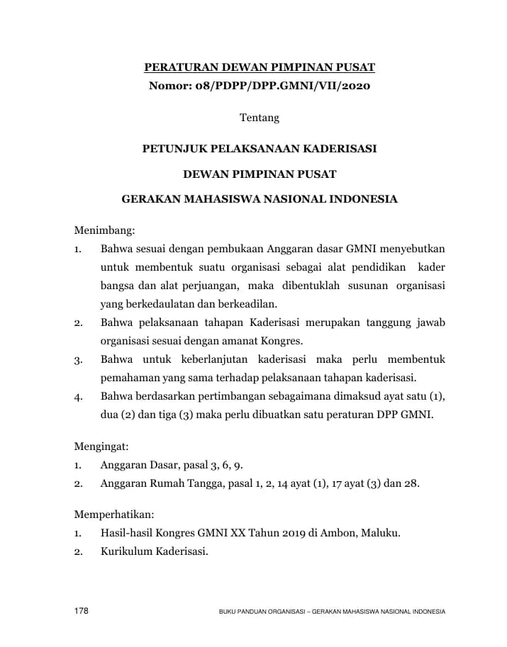 Halaman pertama PDPP Nomor 08 Tahun 2020 – Petunjuk Pelaksanaan Kaderisasi