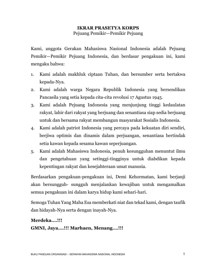Halaman pertama Ikrar Prasetya Korps GMNI