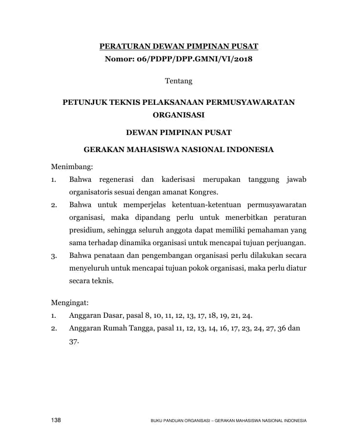 Halaman pertama PDPP Nomor 06 Tahun 2018 – Petunjuk Teknis Permusyawaratan Organisasi