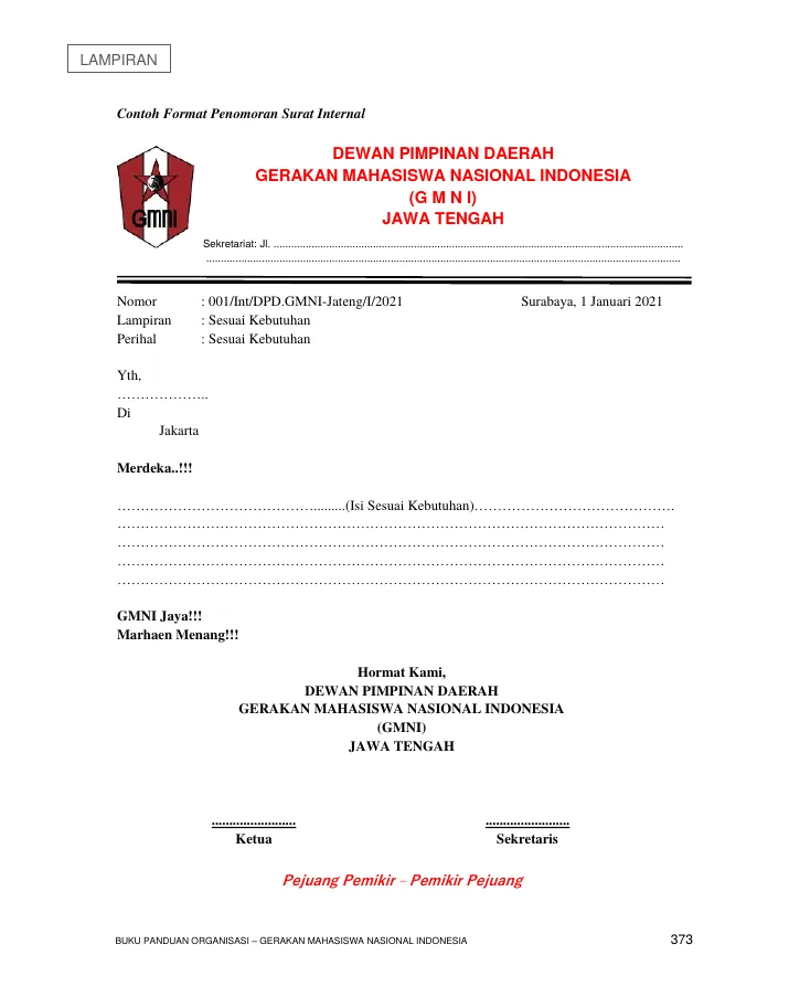 Halaman pertama Lampiran: Format Penomoran Surat Internal